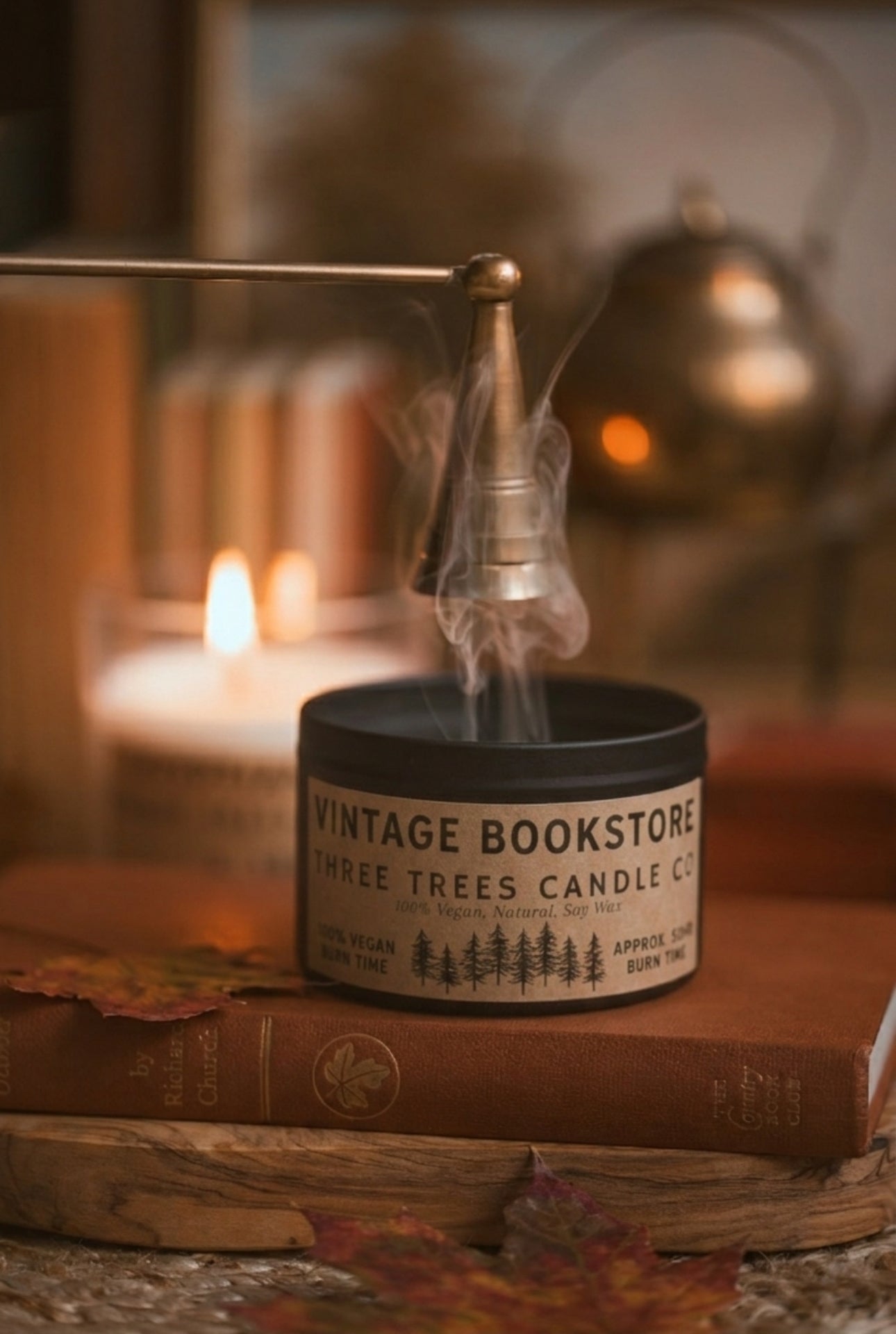 vintage bookstore scented candle tin with smoke