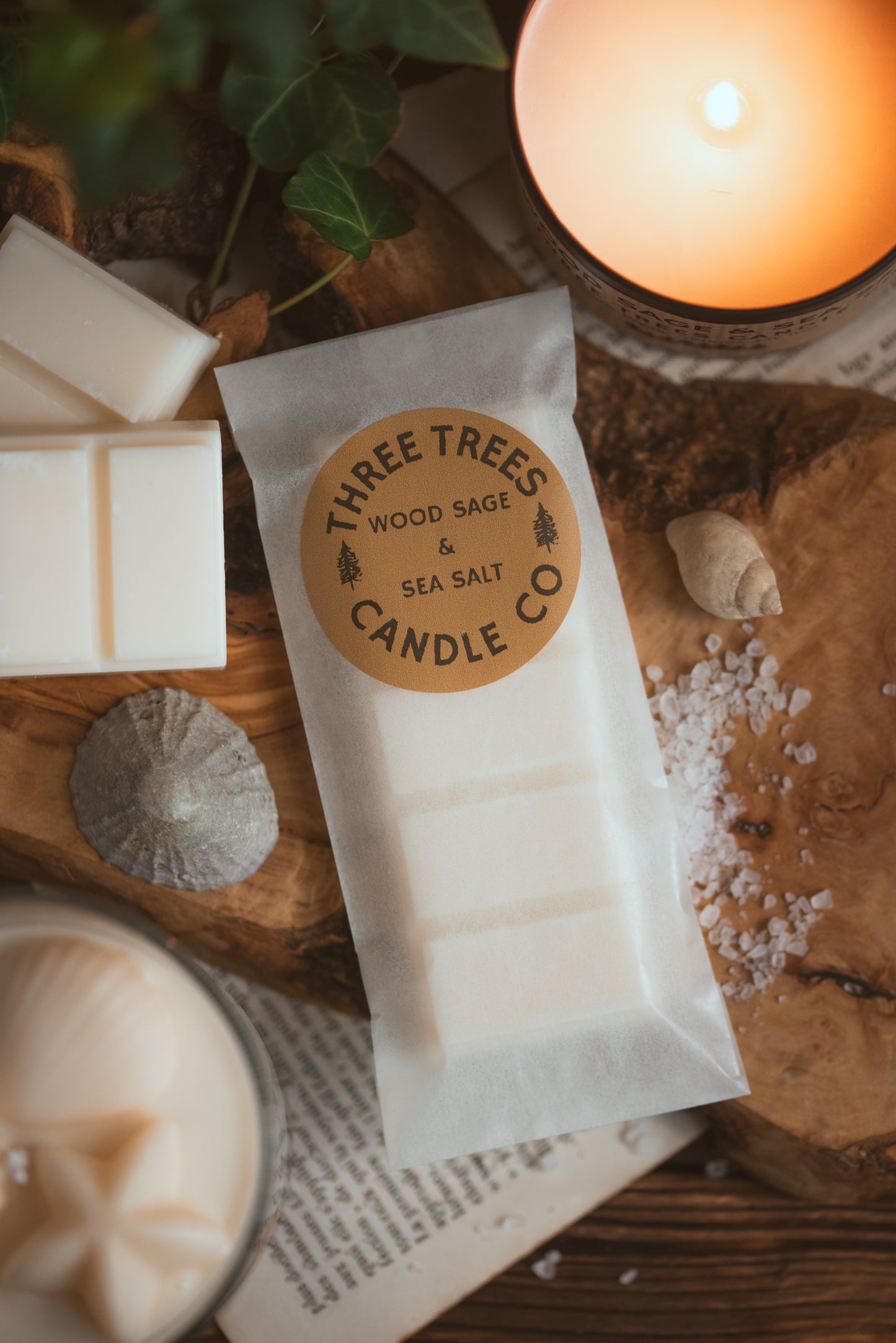 Wood sage and sea salt scented soy wax melts packaging