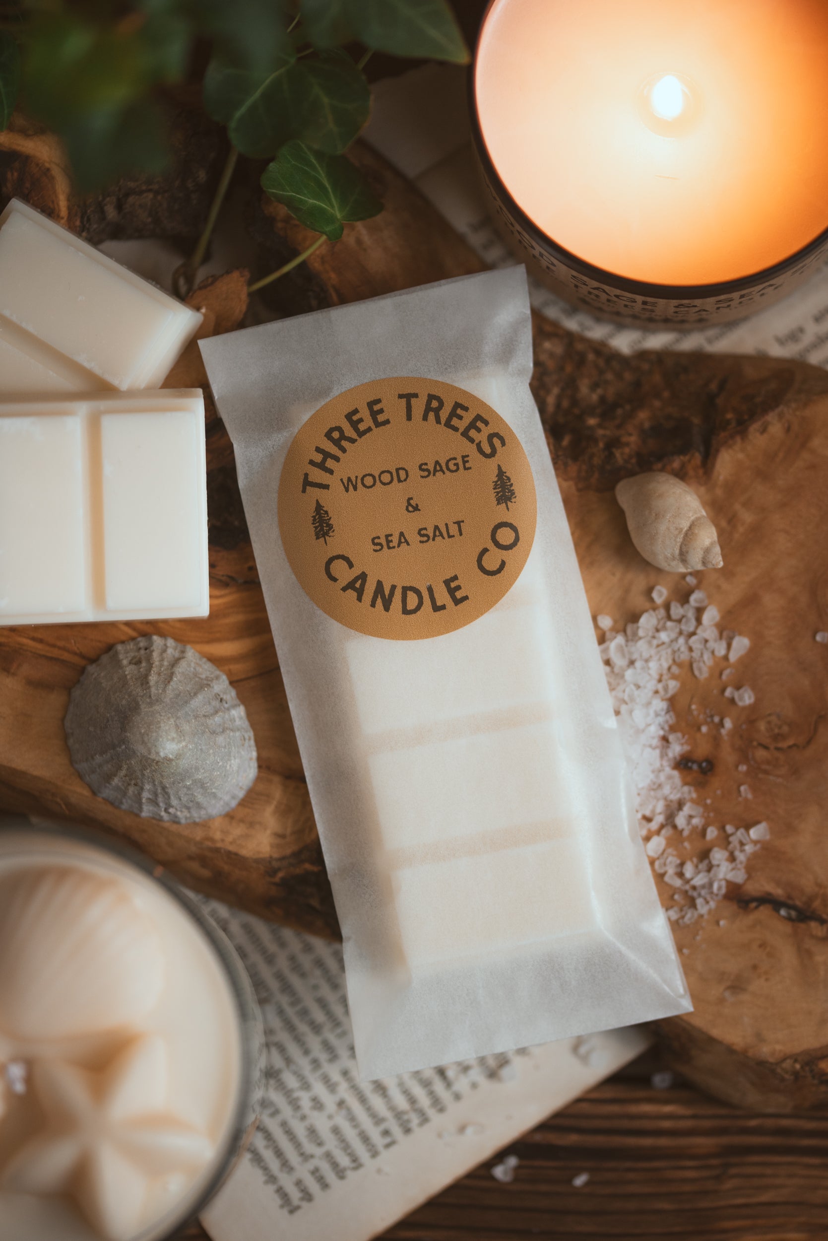Wood sage and sea salt scented soy wax melts packaging
