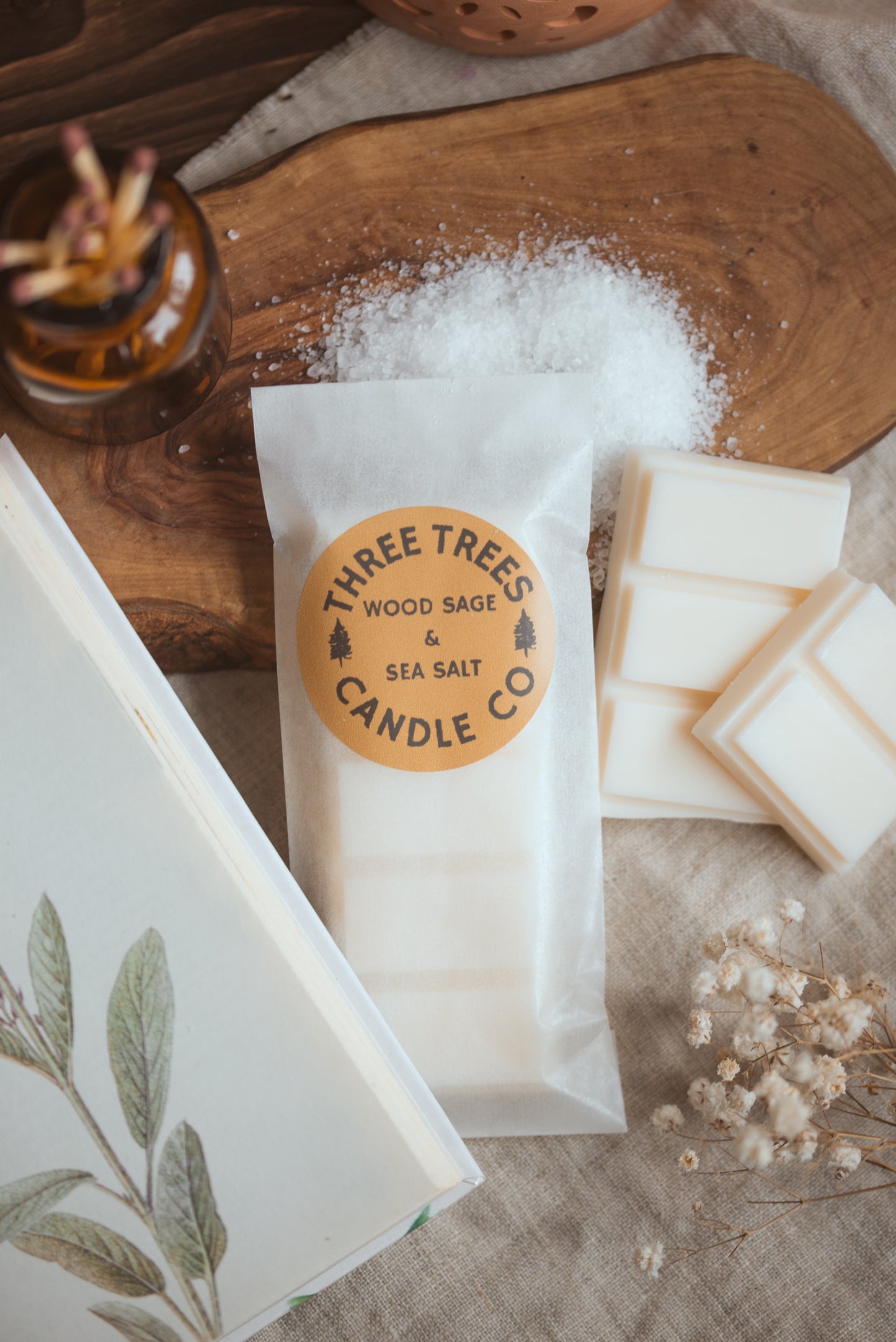 wood sage and sea salt scented oy wax melt bar 